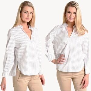 Vince Bar Stripe Swing Front Pullover Shirt Size M White Brown Blue